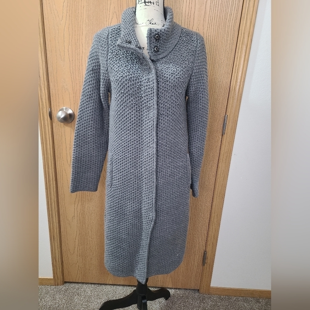 Christopher & Banks Chunky Knit Collared Pearl Longline Snap Cardigan Sweater